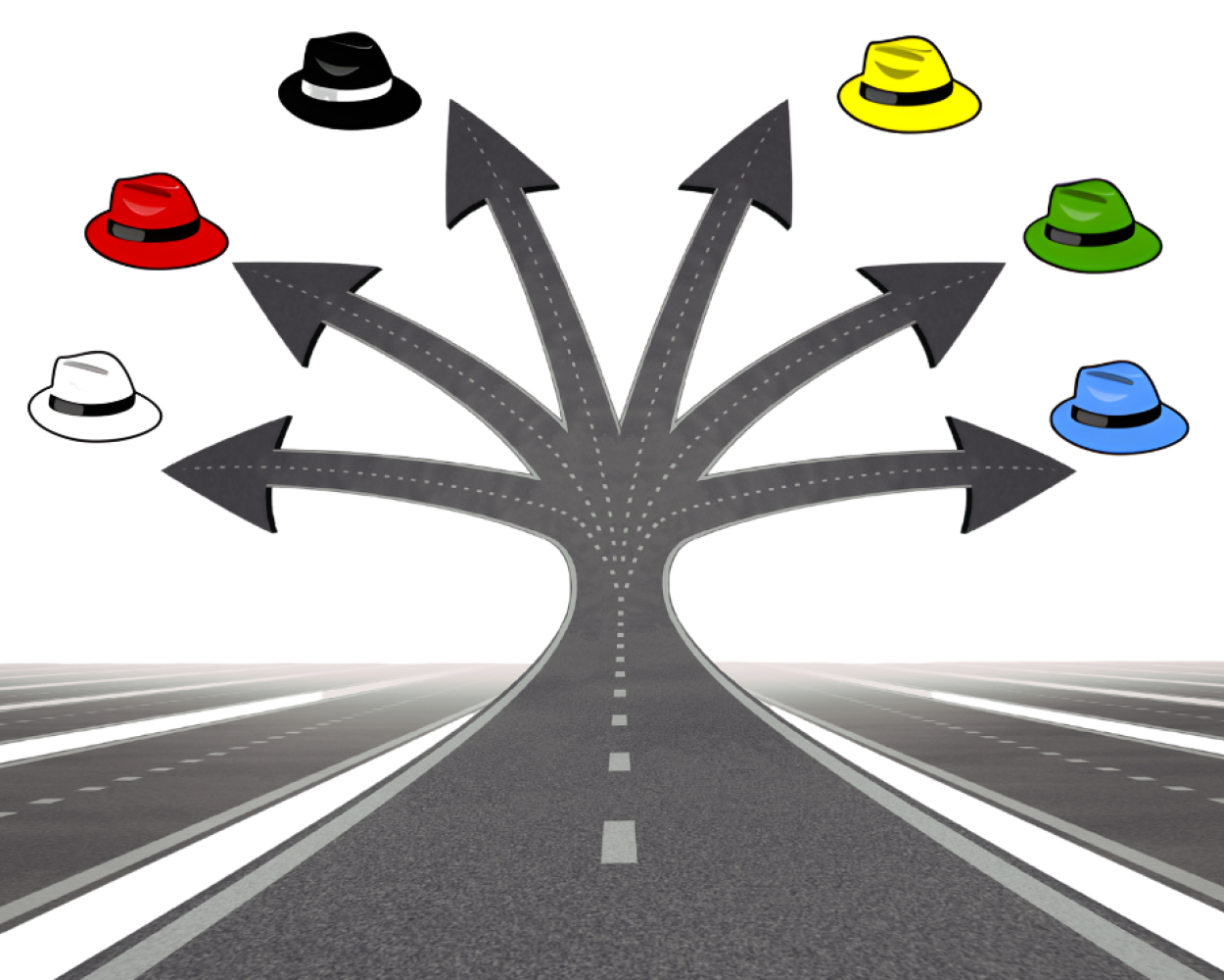 Six hats going six different directions down a road.